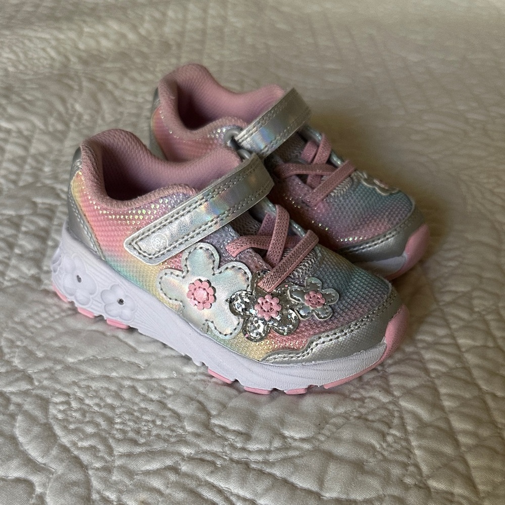 Kids Floral Sneakers - Pink and Silver